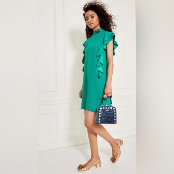 Kate Spade Emerald Green Satin Crepe Flutter Sleeve Shift Dress Size 00 XS $398 - Picture 4 of 15